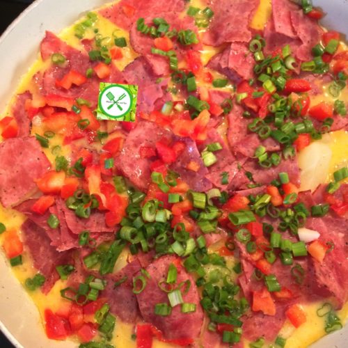 Potatoes and beef omelette add green onions