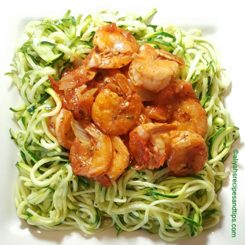 Zoodles with tomato-basil shrimps